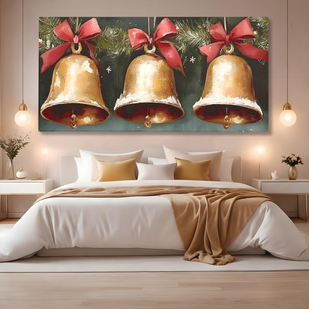 Tablou canvas cu pictura cu clopote aurii de craciun, fara rama, pe sasiu de lemn, pe perete intr-un dormitor